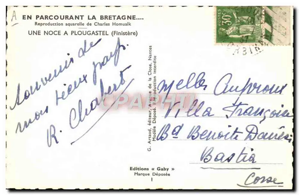 Eine Hochzeit in Plougaestel — Finistère — Aquarell-Reproduktion von Charles Homualk, veröffentlicht von G. Artaud - Rückseite