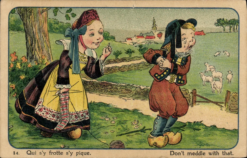 Zwei Kinder in Volkskostüm — humorvoller Szene — Ausgabe Arnaud & Nogais, n°14 - Vorderseite