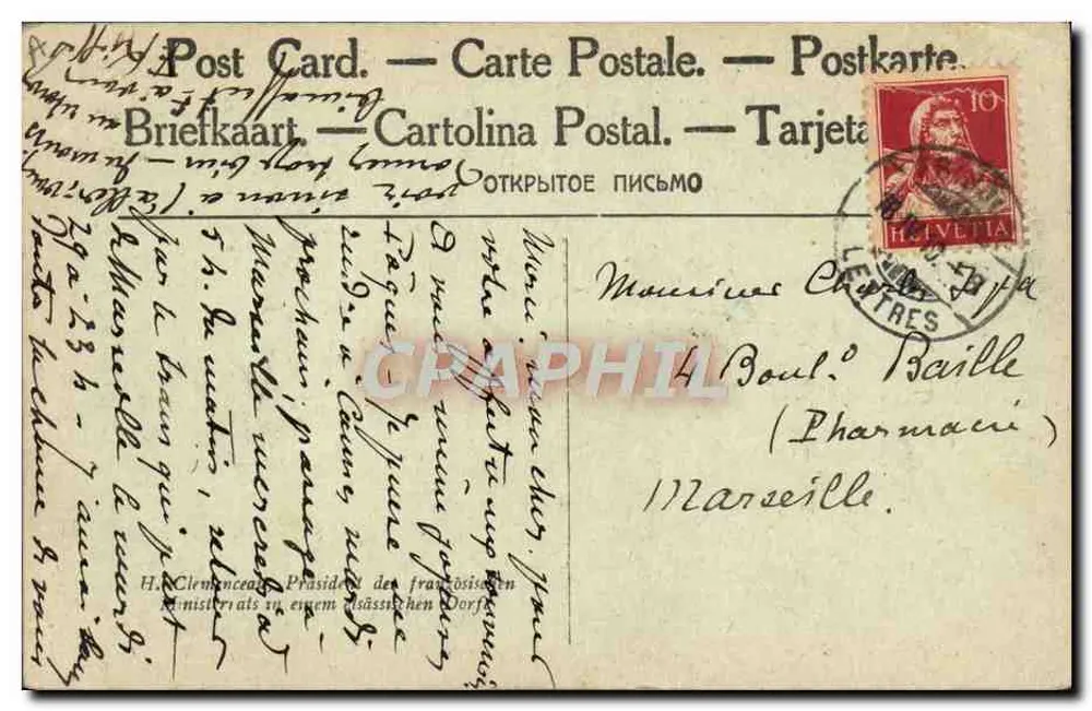 Herr Clémenceau, Präsident des französischen Rates, in einem elsässischen Dorf — Antike Ansichtskarte von Éditions Lévy - Rückseite