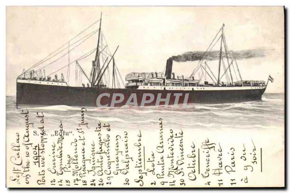 वाष्प जहाज — 1904 में यात्रा के रूट — प्रकाशक यूनिवर्सल पोस्टल यूनियन - आगे