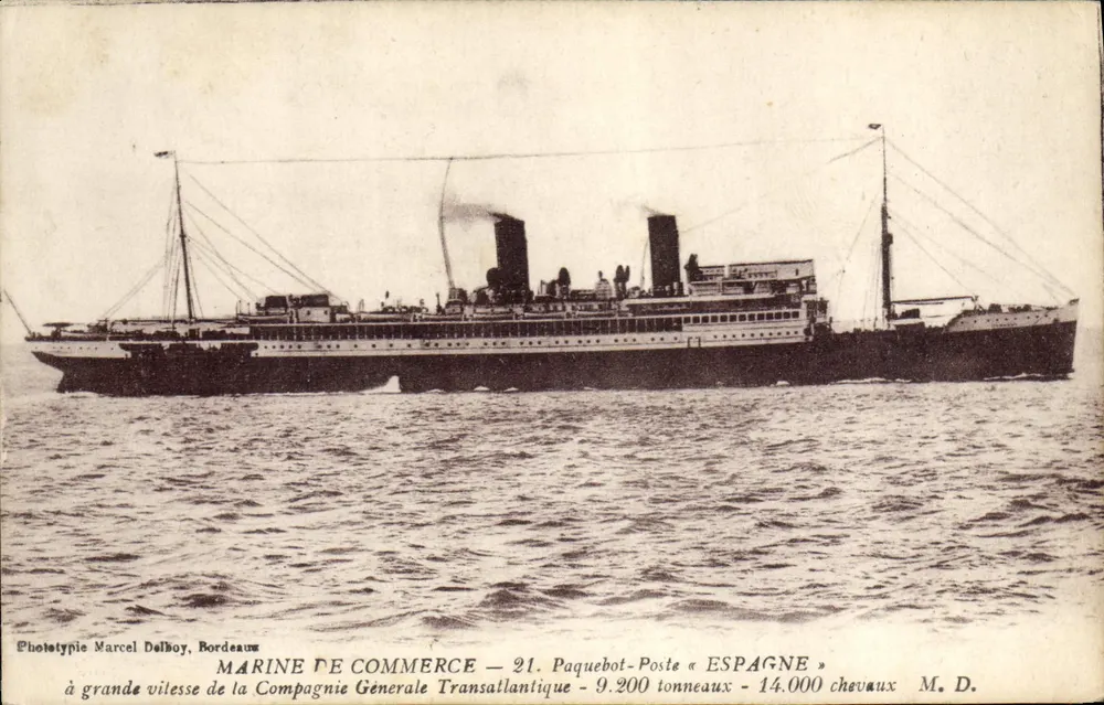 Postschiff «Espagne» — 9.200 Tonnen — 14.000 Pferdestärken — Phototypie Marcel Delbou, Bordeaux - Vorderseite