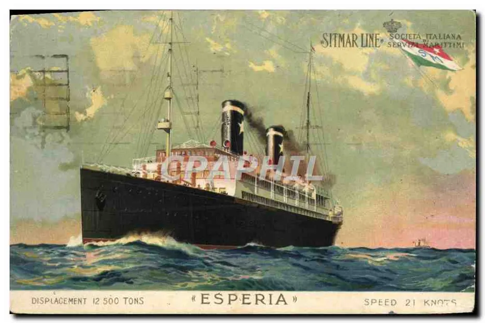 O transatlântico « Esperia » — Società Italiana Servizi Marittimi — editor Sitmar Line, número de série não visível - Frente