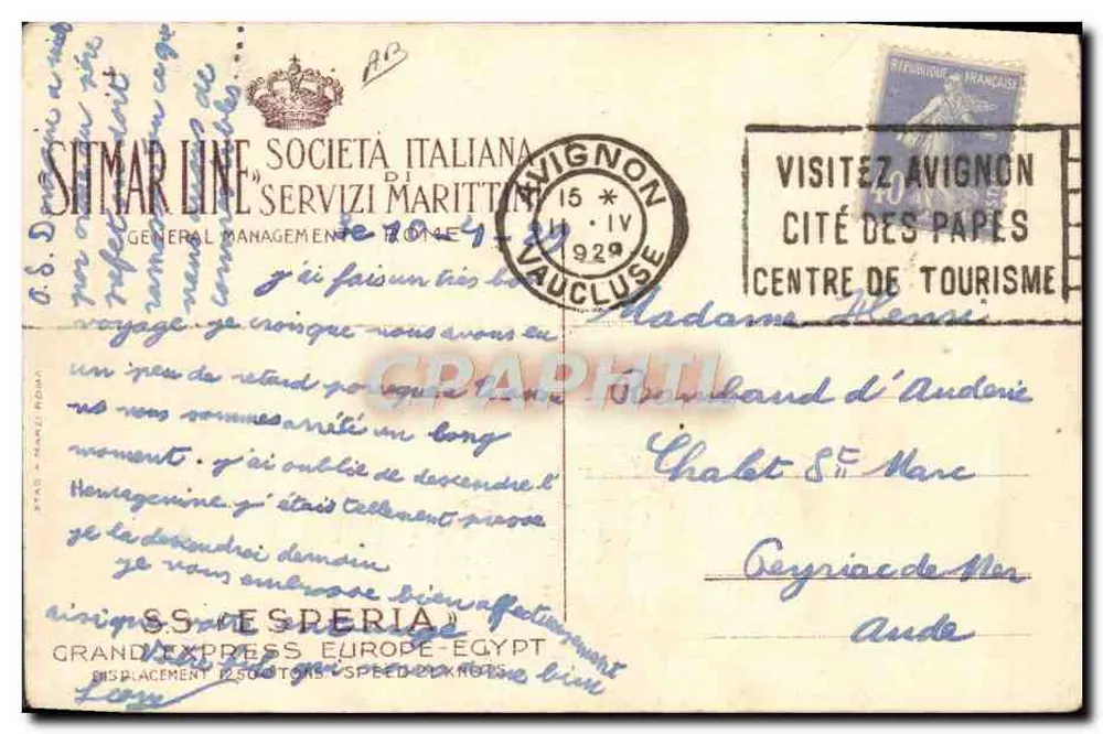O transatlântico « Esperia » — Società Italiana Servizi Marittimi — editor Sitmar Line, número de série não visível - Verso