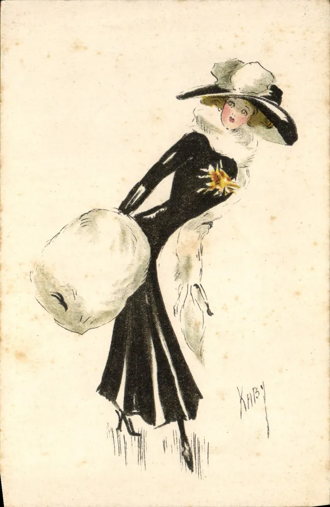 Elegante Frau in Schwarzem Kleid und Hut — Zeichnung von Kaby — Serie I, Zeichnung 8 - Vorderseite