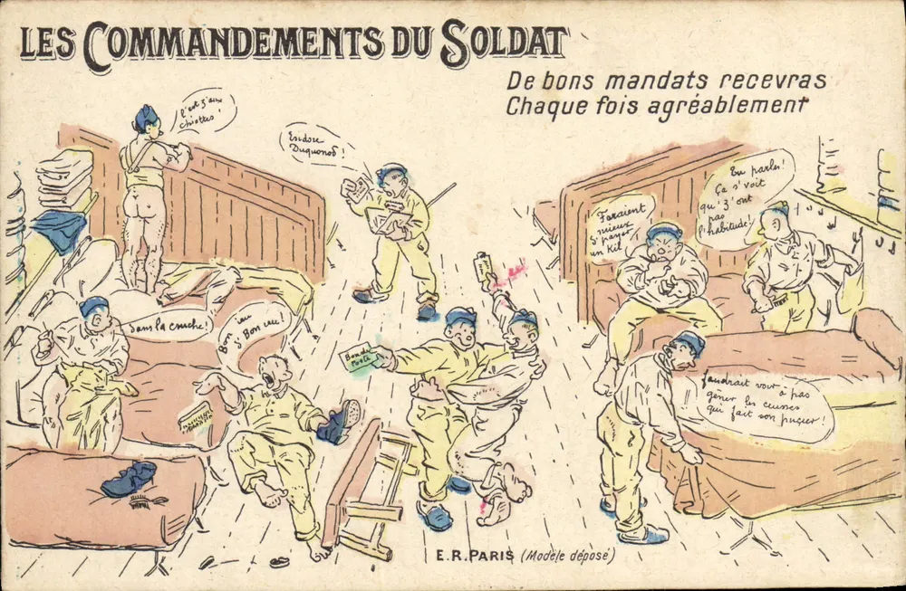 Os Mandamentos do Soldado — caricatura militar — E.R. Paris (Modèle déposé) - Frente