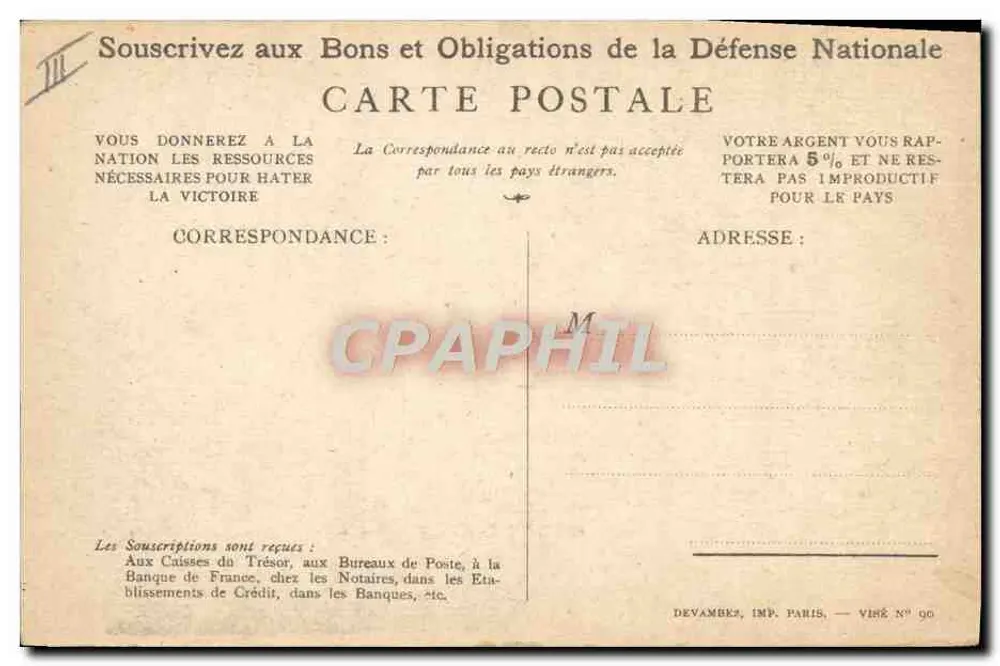 Soldat in Aktion — Patriotischer Slogan — Devambez, Imp. Paris, N° 90 - Rückseite