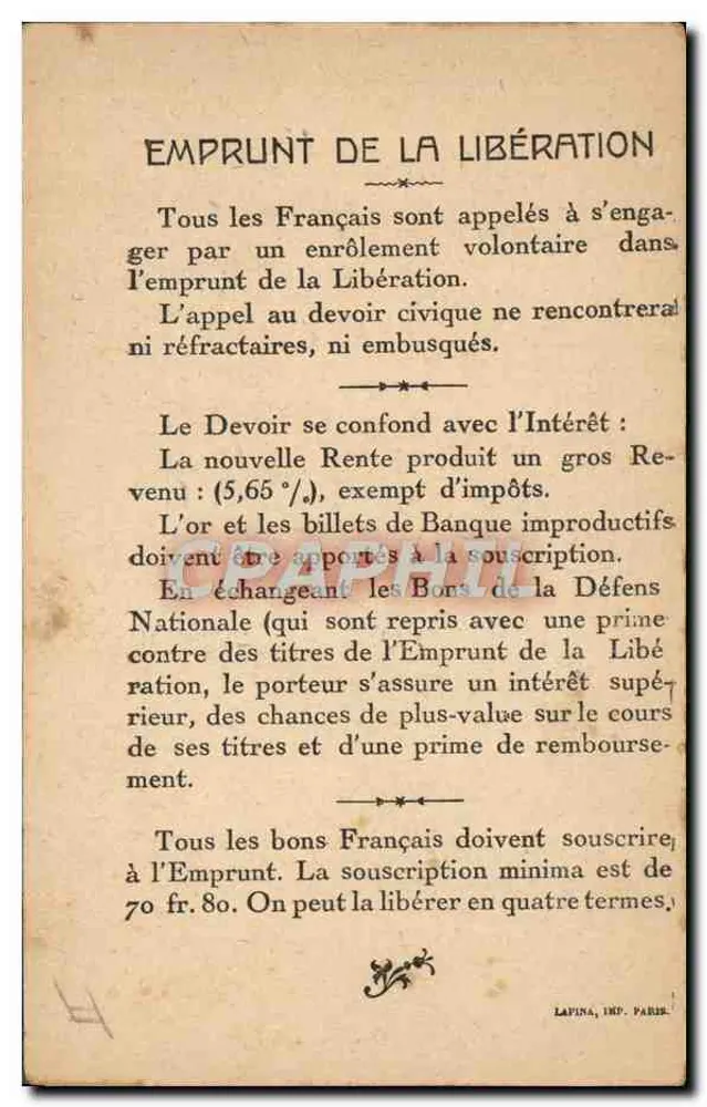 General Mangin — Emprunt de la Libération 1914-1918 — Lapina, Imp. Paris - Rückseite