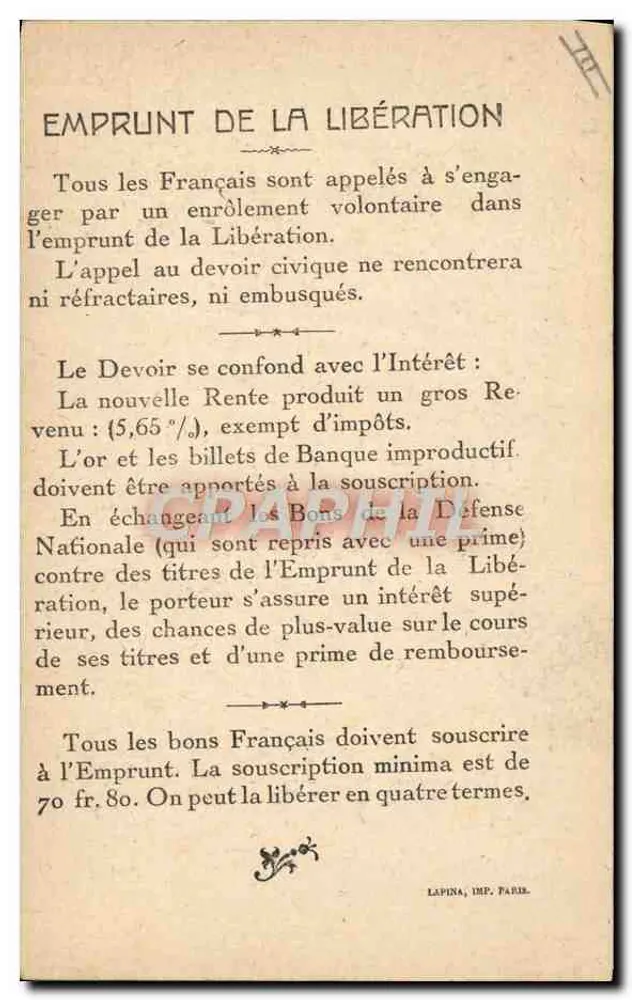 Marschall Foch — Oberkommandant der Alliierten Armeen — Emprunt de la Libération 1914-1918 - Rückseite