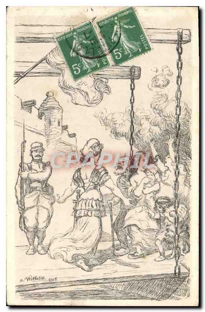 Kriegsszene — Soldat und Zivilisten — A. Wribette, 1915 - Vorderseite