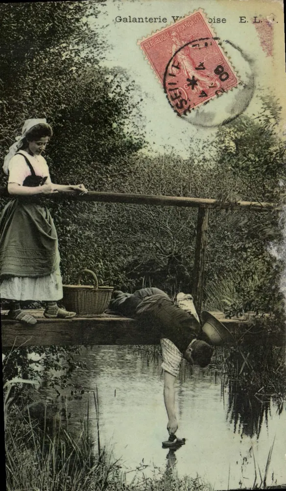 Mulher e homem à beira de um lago — Galanterie V. Francesa E.L. — - Frente