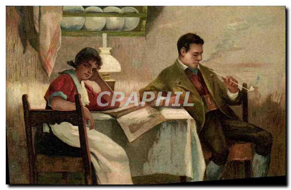 Um homem fumando um cachimbo e uma mulher sentada à mesa — editor Levelezö Lap. n°A - Frente