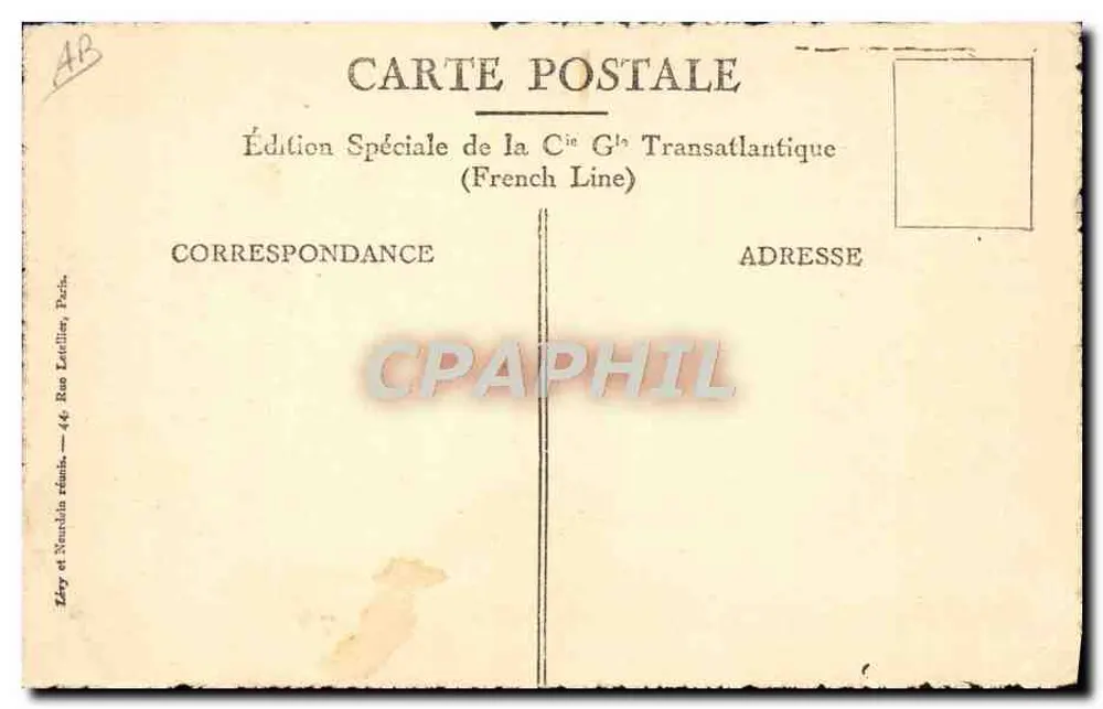 S/S "de GRASSE" — Pont-Promenade — Cabin Promenade Deck. Édition Spéciale de la Cie Gls Transatlantique (French Line) - Rückseite