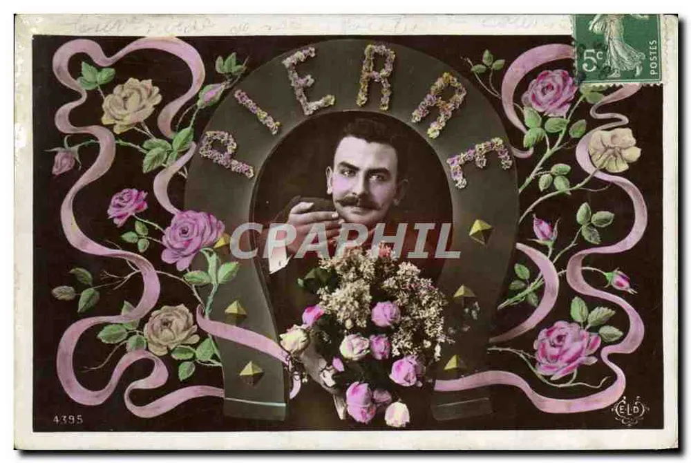 Porträt eines Mannes mit Blumenstrauß — Blumendekoration und Bänder — Verlag ELD, Nr. 4395 - Vorderseite