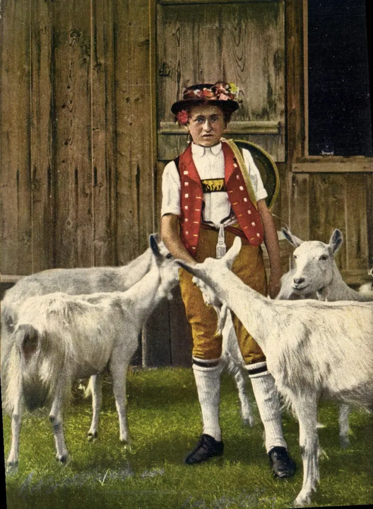 Jovem menino com traje tradicional com cabras — Kilchberg-Zürich — Wehrli A.-G. - Frente