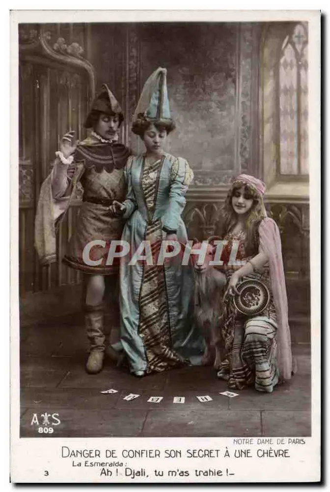 Nossa Senhora de Paris — Cena teatral com três personagens e uma cabra — Editor A. S., n° 809 - Frente