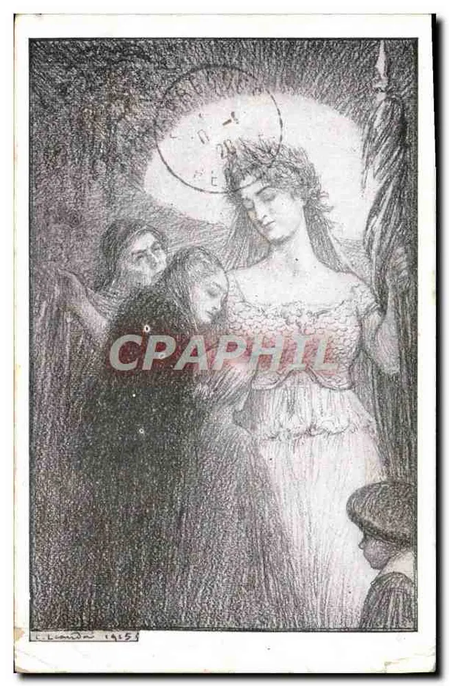 Mulher em vestido branco cercada por pessoas — desenho de L. Léonard 1915 — editor não visível - Frente