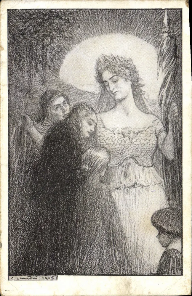 Femme couronnée — scène religieuse — dessin de C. Léonid en 1915 - Frente