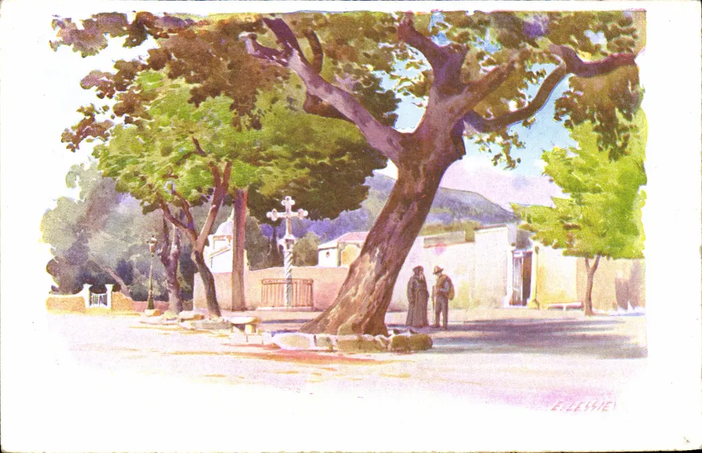 Dorfszene mit großem Baum — E. Lessie — Verleger nicht sichtbar - Vorderseite