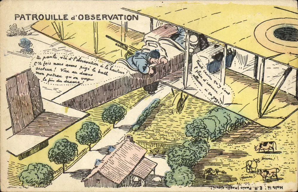 Beobachtungspatrouille — Flug eines Doppeldeckerflugzeugs über einem ländlichen Landschaftsbild — Verlag E.R. Paris, n° 14 - Vorderseite