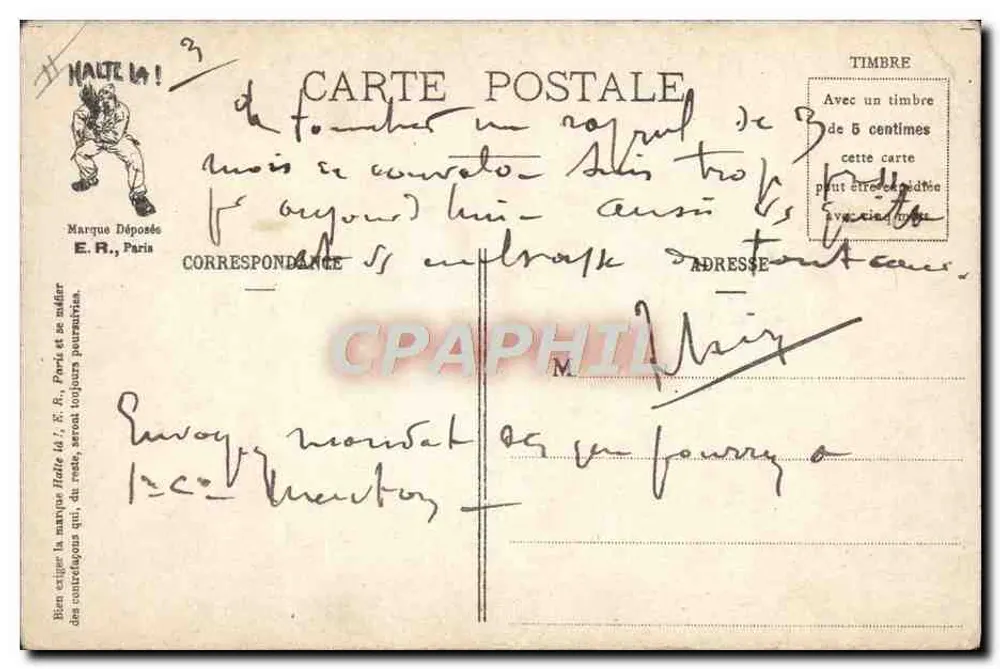 Der Trumpetenschlag — Militärsatire — E.R. PARIS, registriertes Modell, Nr. 670 - Rückseite