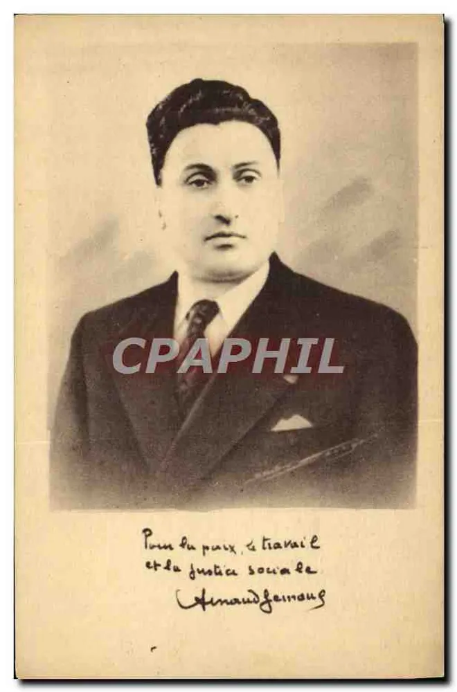 Retrato de Almaudjeanou — Para a paz, o trabalho e a justiça social — sem editor ou número de série visível - Frente