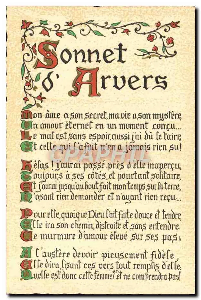 Sonnet d'Arvers — poema impresso em letras coloridas — editor: Roissat, n° 67 - Frente
