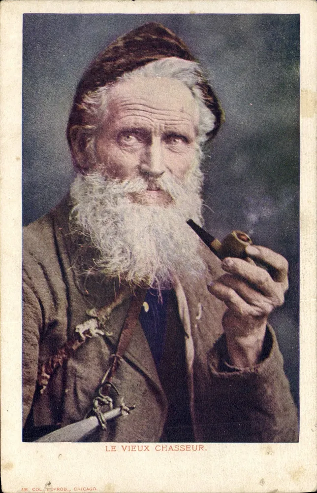 O Velho Caçador — retrato de um homem idoso barbado fumando um cachimbo — AM COL. PROD., CHICAGO - Frente