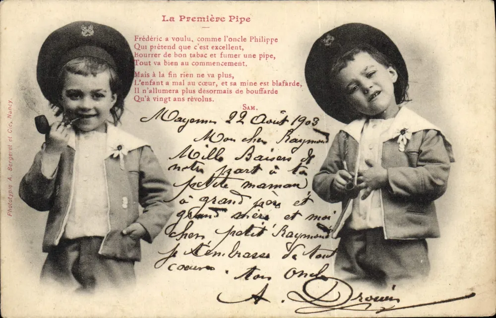 Dois crianças com chapéus — A Primeira Caneta — Fototipia A. Bergeret et Cie, Nancy - Frente
