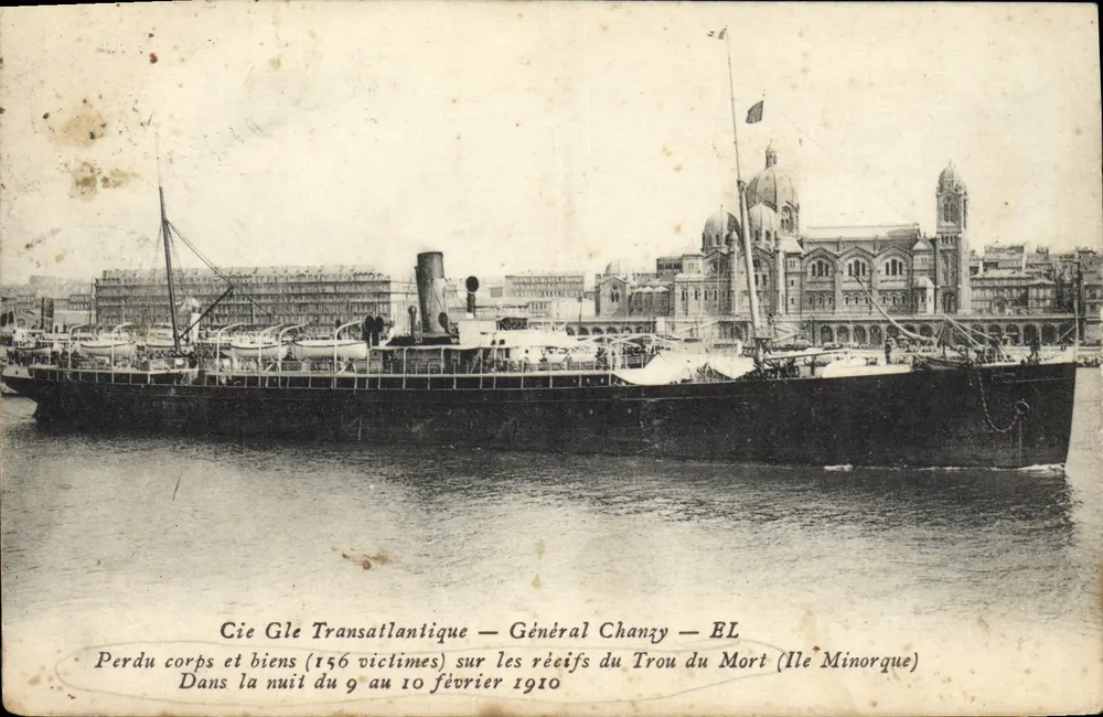 Cie Gle Transatlantique — General Chanzy — EL — Verlorenes Leben und Gegenstände (156 Opfer) auf den Riffen des Trou du Mort (Insel Minorque) — In der Nacht vom 9. zum 10. Februar 1910 - Vorderseite