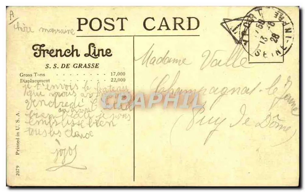S.S. DE GRASSE — New York – Havre Service — French Line - Rückseite