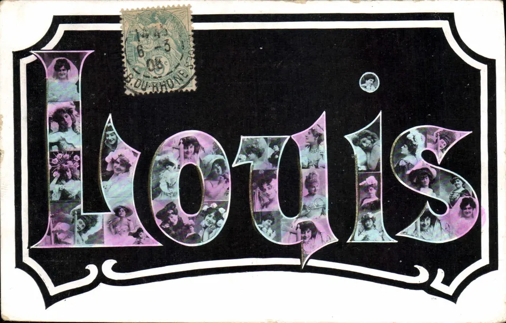 Louis — Dekorative Ansichtskarte mit verzierten Buchstaben, die Porträts von Frauen zeigen — Verlag nicht sichtbar, Seriennummer nicht lesbar - Vorderseite