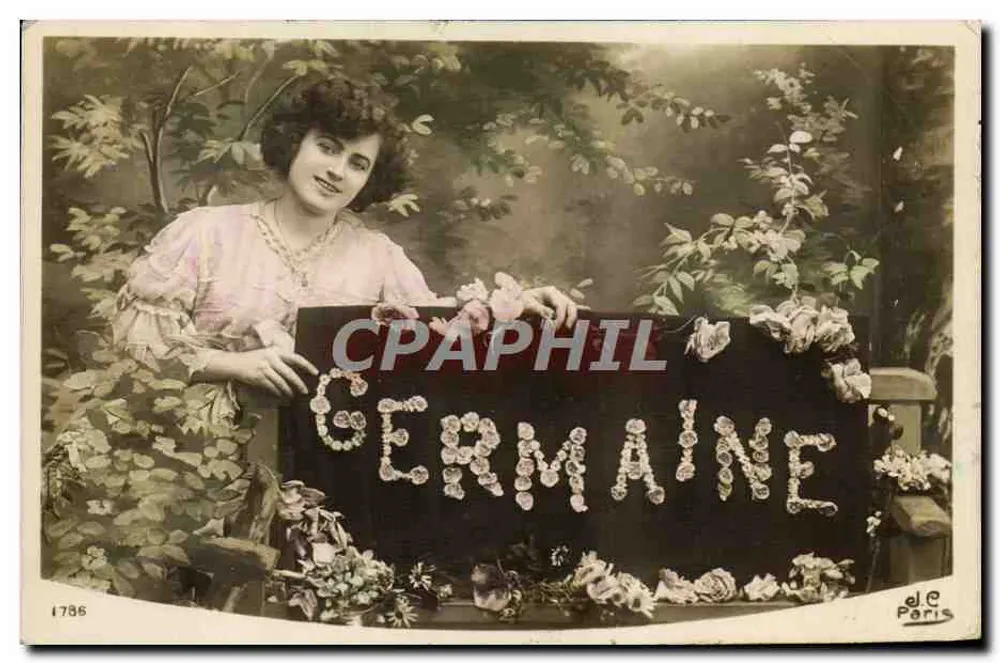 Lächelnde Frau, die ein mit Blumen verziertes Schild hält — GERMAINE — Verlag d.j.C. Paris, Nr. 1786 - Vorderseite