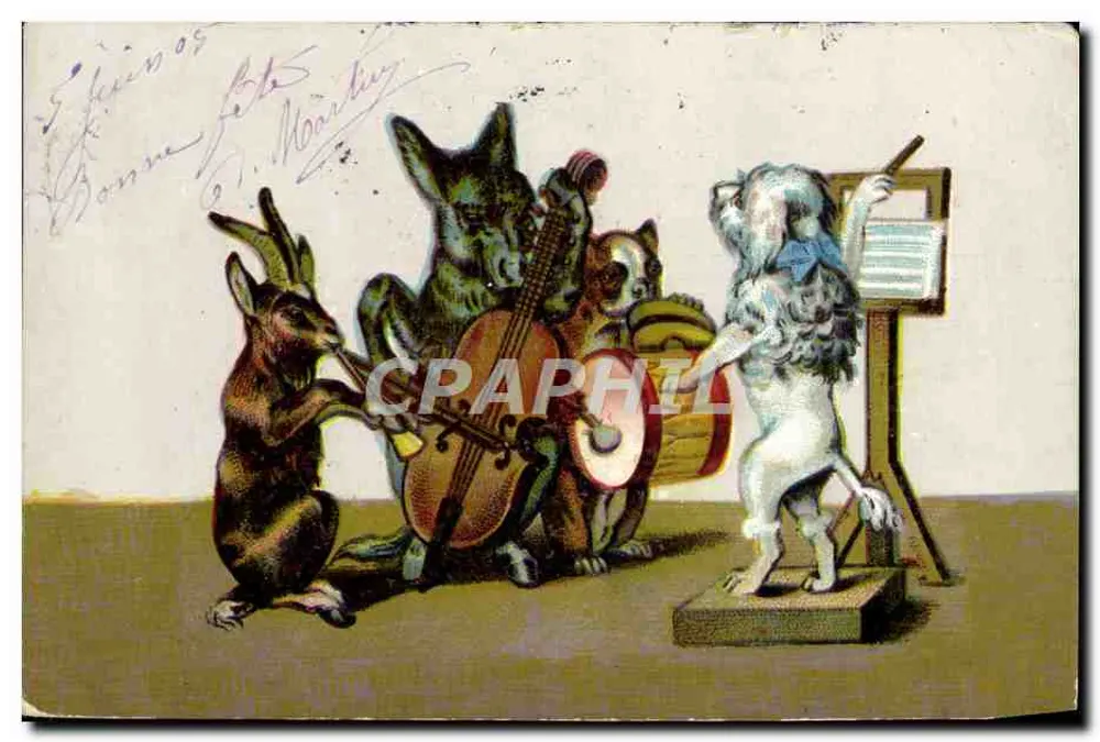 Orchestre d'animaux — scène de musique avec lapin, loup et lion — éditeur MARTIN - Frente