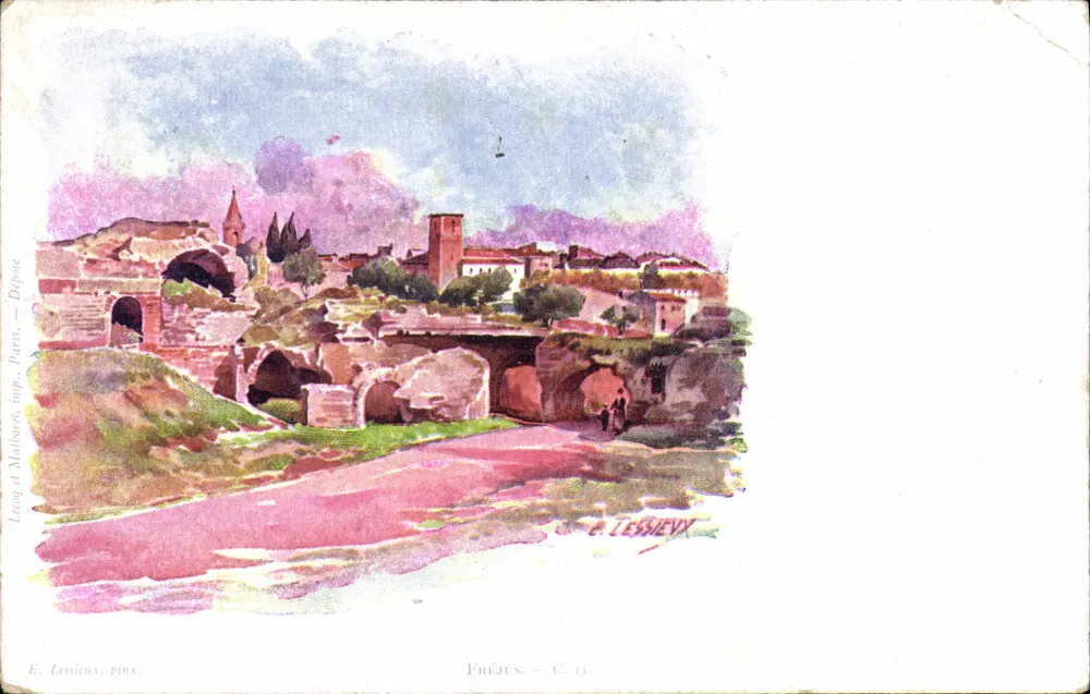 Roma — Vista das ruínas e do ponte — E. Lessieux, Paris, depósito Fréjus, C. 15 - Frente