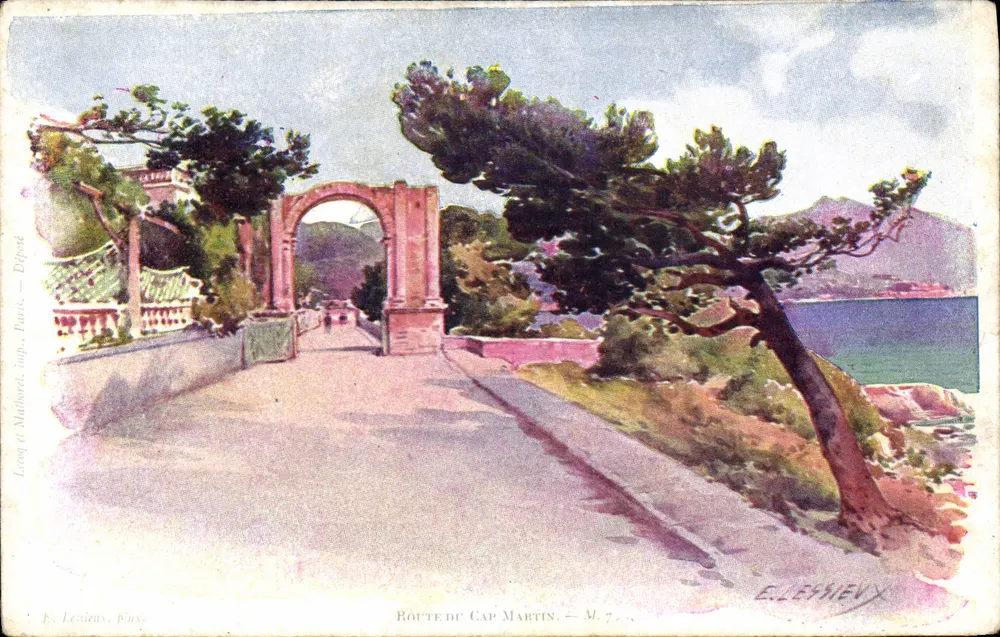 Route du Cap Martin — Blick auf den Bogen und das Landschaftsbild — E. Lesnieux, Paris, Einlage M. 7 - Vorderseite