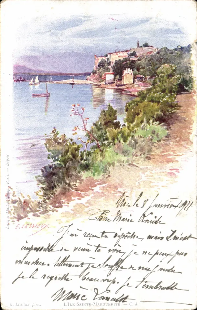 Die Île Sainte-Marguerite — Ansicht vom Hafen und Schloss — E. Lerweux, Paris, Dépose, C. 8 - Vorderseite