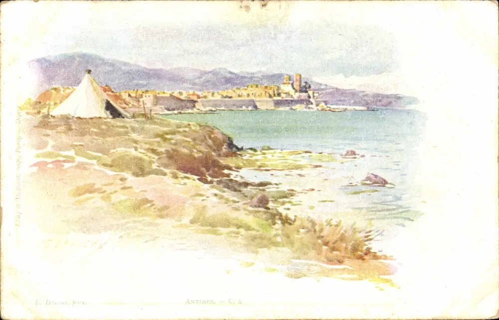 Antibes — Ansicht der Küste mit Zelt — E. Lessoux, Feder, C. 2 - Vorderseite