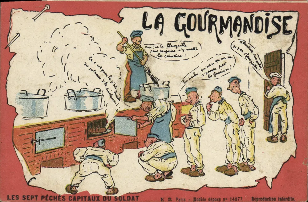 Die Gier — Die Sieben Todsünden des Soldaten — E.R. Paris, eingetragenes Modell Nr. 14877 - Vorderseite