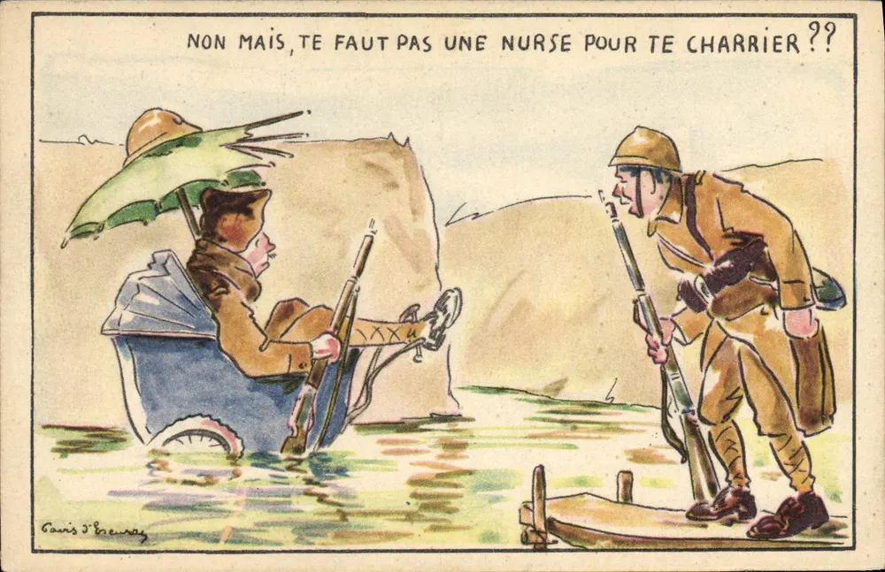 Soldado e civil em charrete — caricatura militar — Paris D'Breuway - Frente