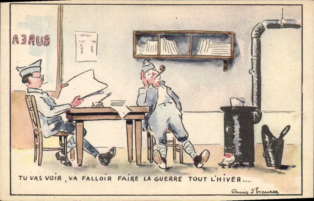Soldados em escritório — caricatura da guerra do inverno — Paris, D'Bruneau - Frente