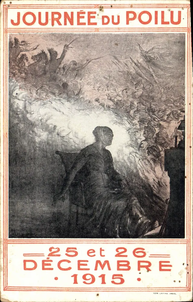Journée du Poilu — illustration de femme assise devant foule en guerre — éditeur ILTA LAVINA, PARIS - Vorderseite