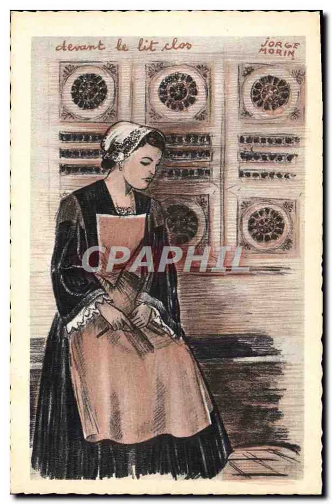 Mulher diante do leito fechado — desenho de Jorge Morin — editor Delanoue, Morbihan - Frente