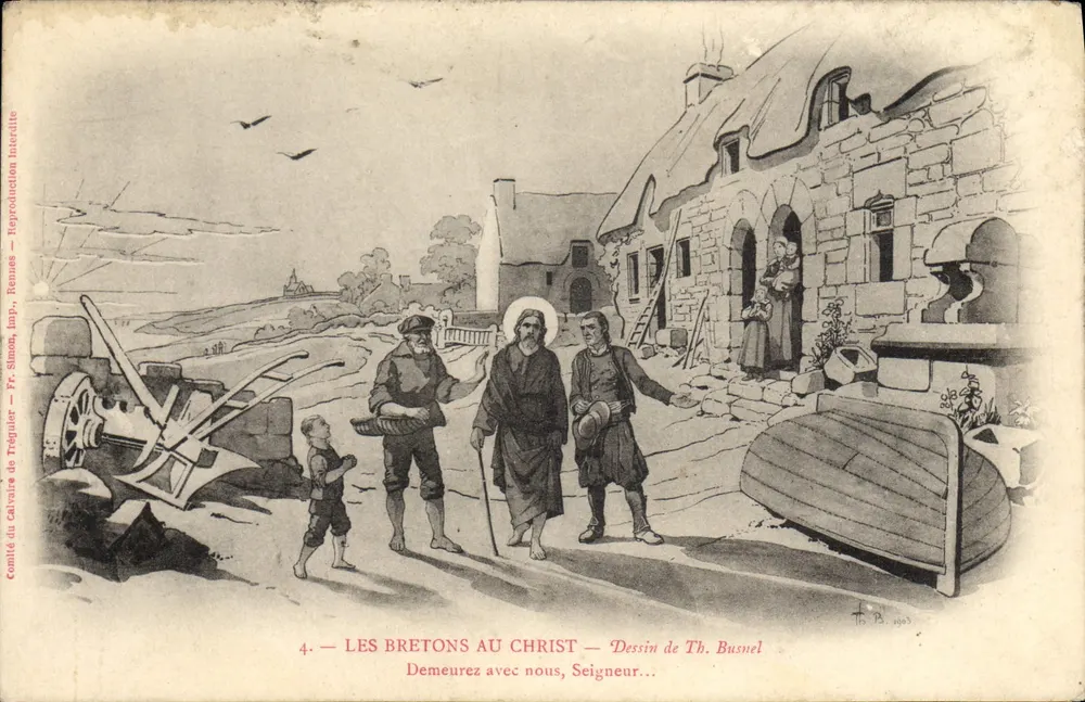 Os Bretões ao Cristo — Desenho de Th. Busnel — Comitê do Calvário de Trégulier, Runes, Imp. Fr. Simon - Frente