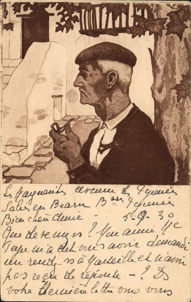 Homem fumando um cachimbo — Salies-de-Béarn, Pyrénées-Atlantiques — editor não identificado - Frente