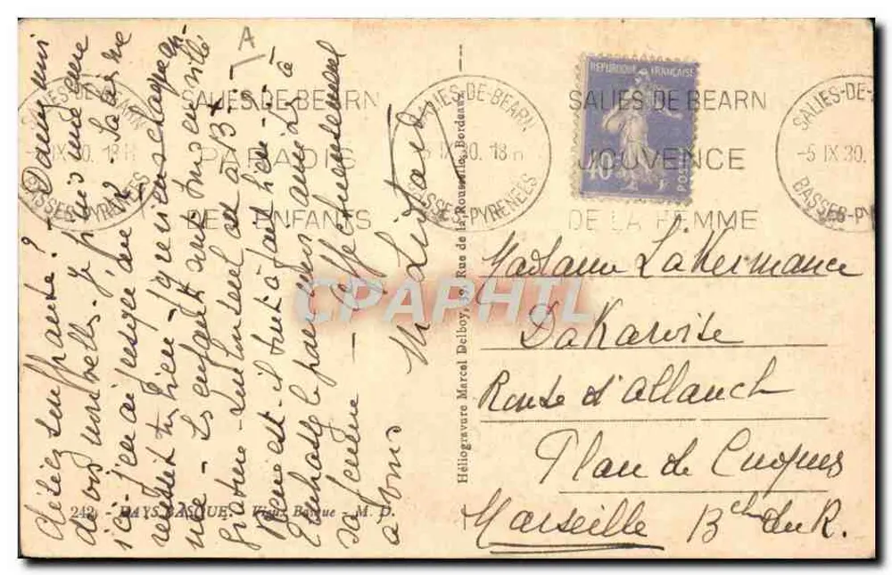 Homem fumando um cachimbo — Salies-de-Béarn, Pyrénées-Atlantiques — editor não identificado - Verso