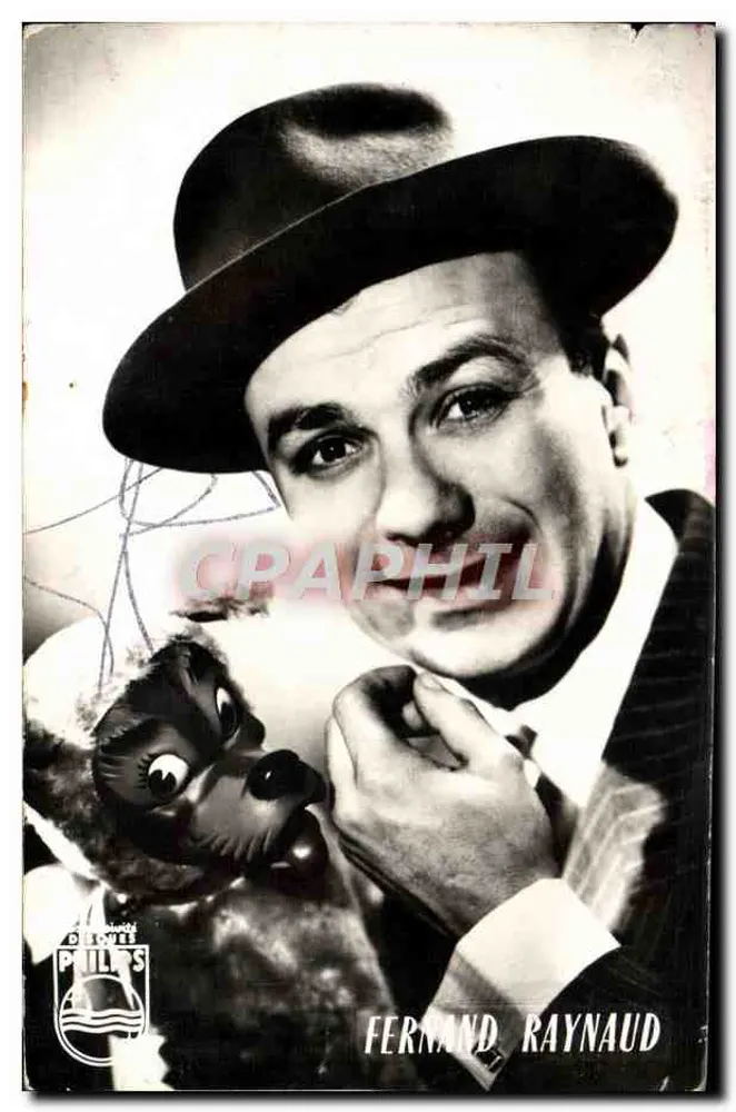 Fernand Raynaud — retrato com mascote — editor CPHIL PHILIPS, número de série não visível - Frente