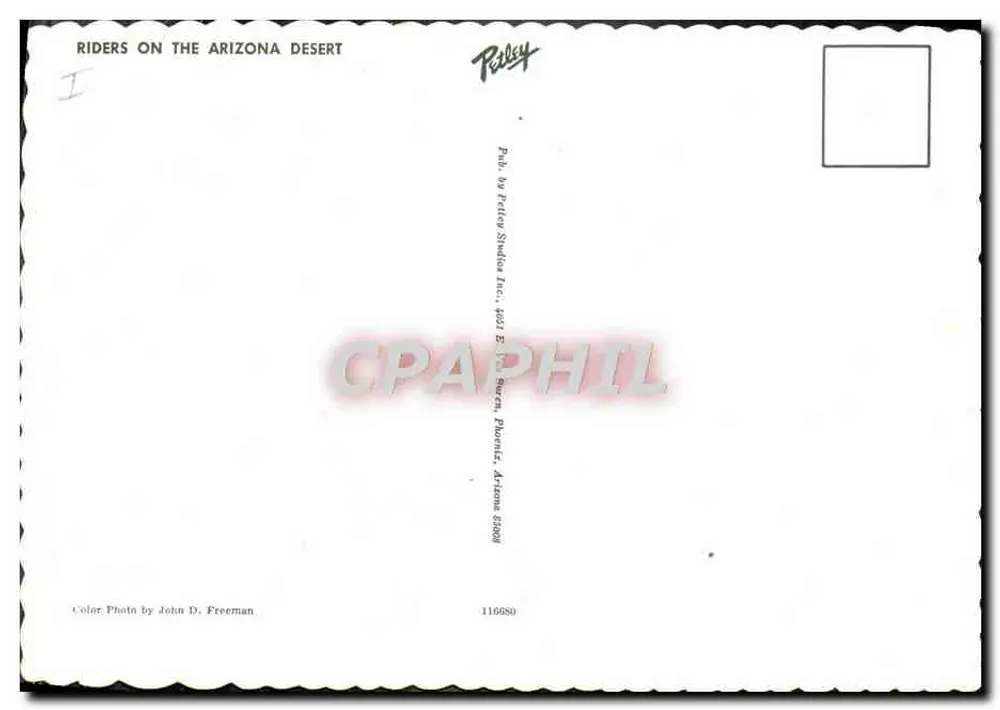 Reiter auf dem Arizona-Wüsten — Verlag Peltley Studios Inc., 1961, Fort Myers, Florida — Nr. 116080 - Rückseite