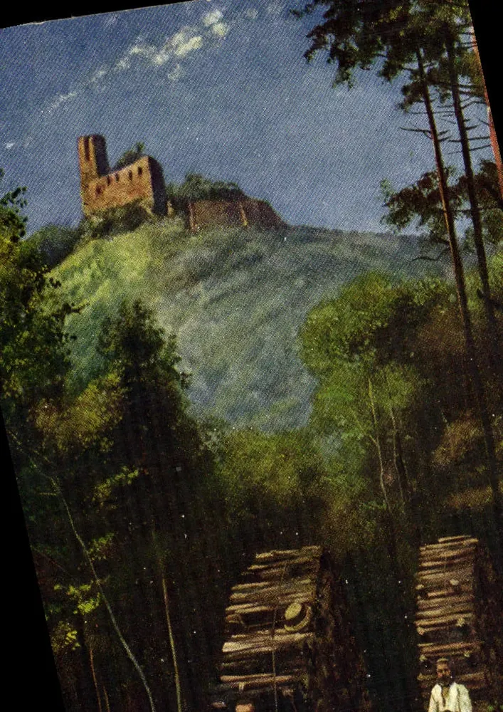 Ruinen von Spesburg — Holzschlitter bei den Ruinen von Spesburg — Felix Lath, Stadlberg - Vorderseite