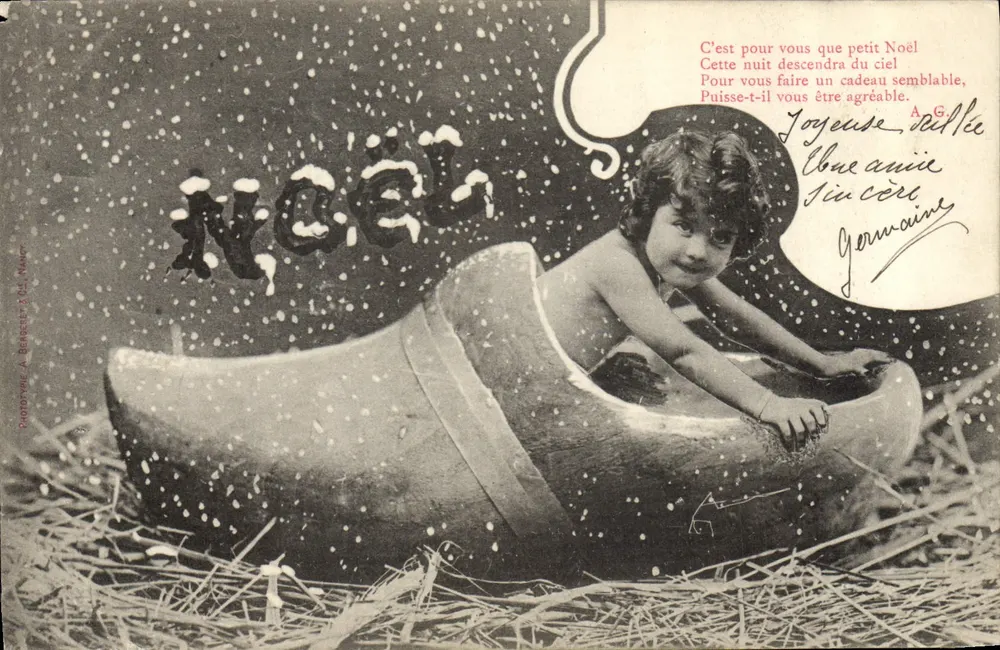 Kind in einem großen Schuh — Weihnachten — Phototype A. Bélecett & Cie, Nîmes - Vorderseite