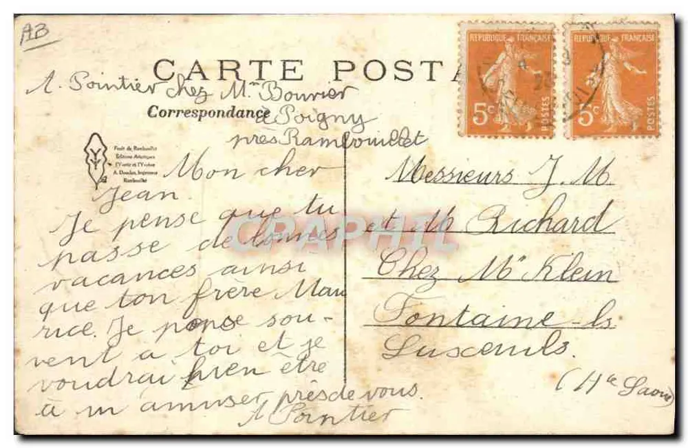 Poigny — Holzhütte am La Cerisaie — A. Doubes, Drucker - Rückseite